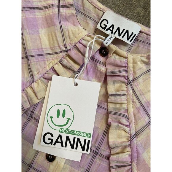Ganni NWT Seersucker Sleeveless Collared Button Down Blouse Orchid Bloom Size XS - Picture 5 of 8